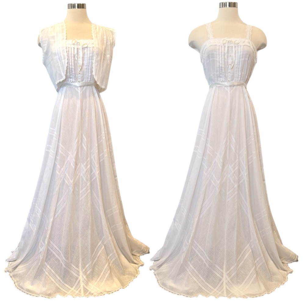 Jodi T Vintage Prairie Peasant White 70s Maxi Gown Long Dress Vest Shrug 2Pc Set
